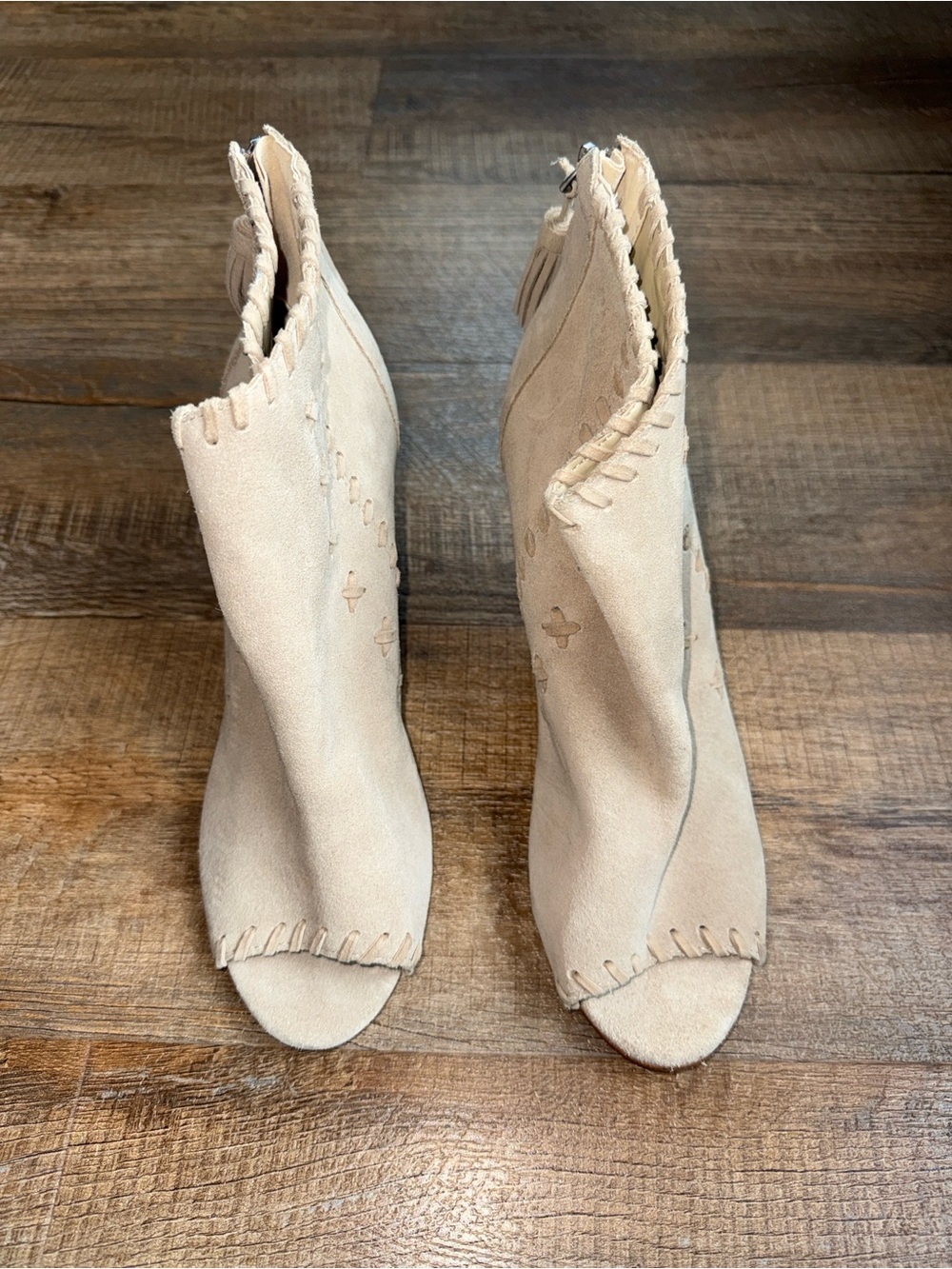 Marc Fisher Suede Open-Toe Ankle Boots in Light Beige